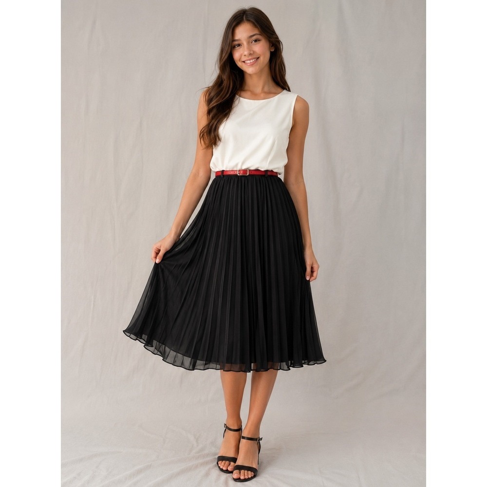 Shelby & Palmer Womens Colorblock Pleated Midi Dress White Black Red Belt 14